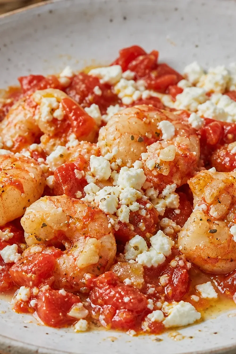 Plated shrimp saganaki with tomatoes and feta, garnished with parsley, showcasing a vibrant red sauce.