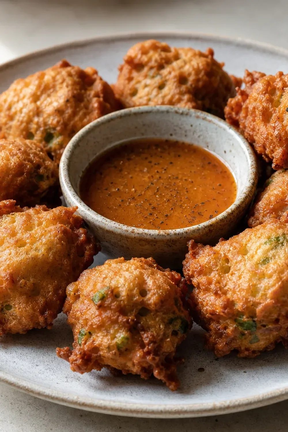 Golden-brown malanga fritters with a crispy exterior and garnished with fresh herbs, served on a plate with dipping sauce.