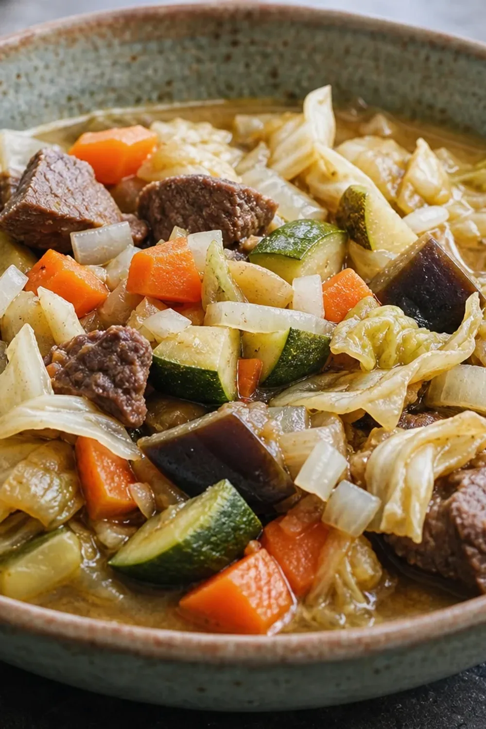 A vibrant bowl of Haitian Legim filled with colorful vegetables and tender meat, garnished with herbs.