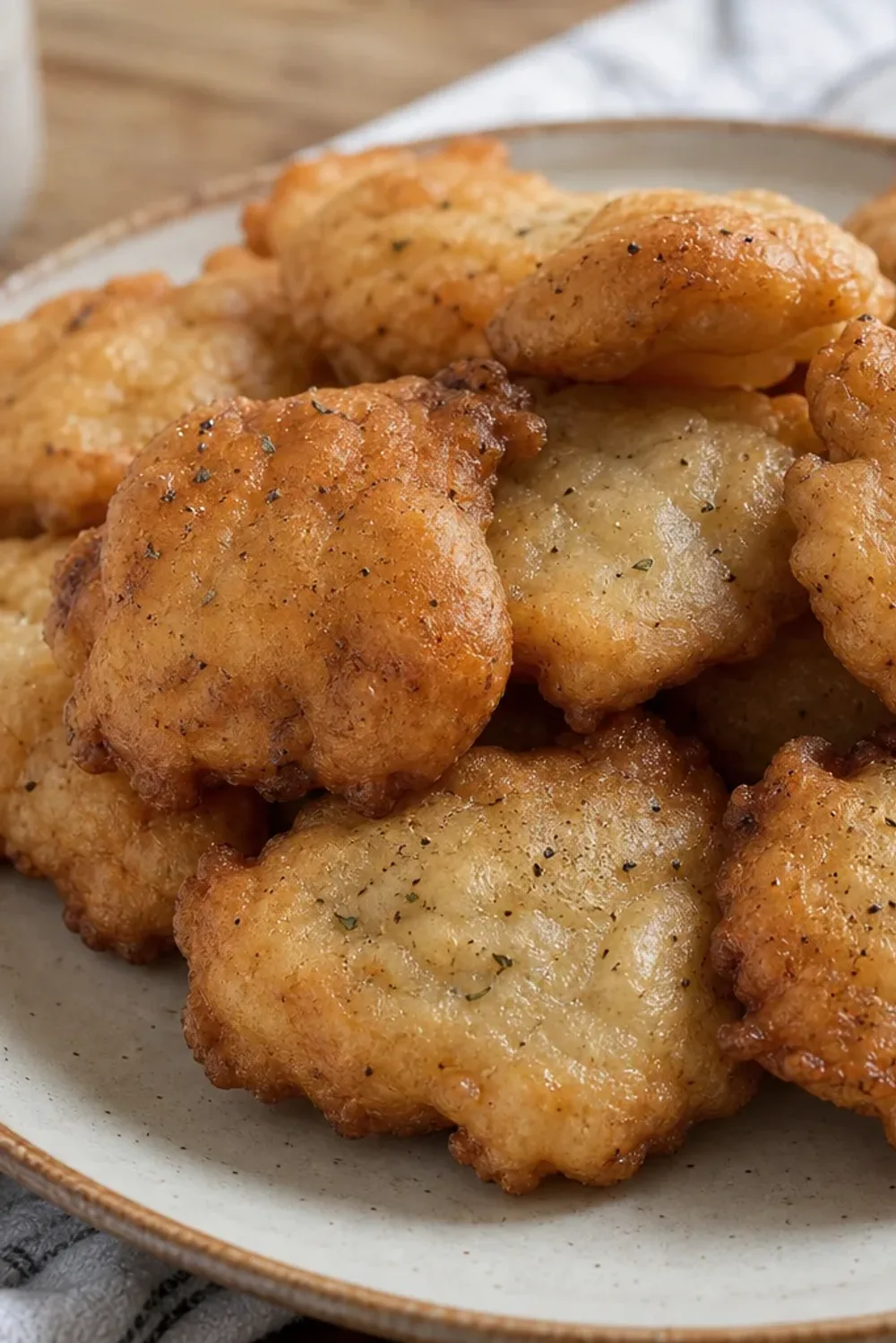 Golden-brown Haitian marinad fritters garnished with herbs and spices, served on a white plate.