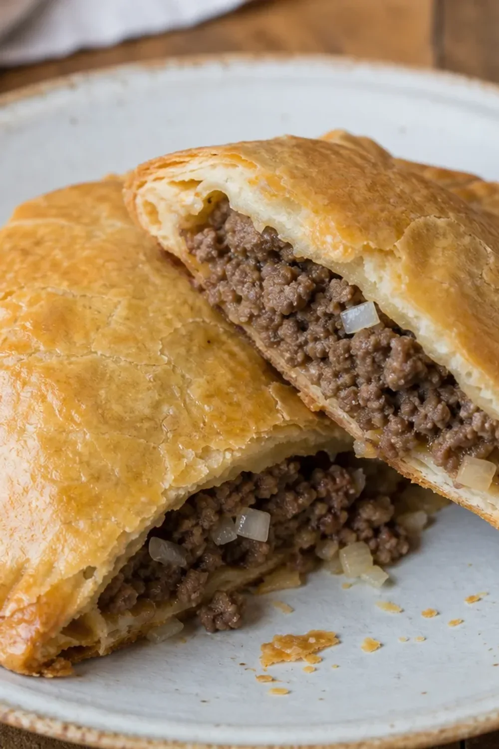 Golden-brown Haitian Pâté pastries filled with spiced ground meat, garnished with herbs.