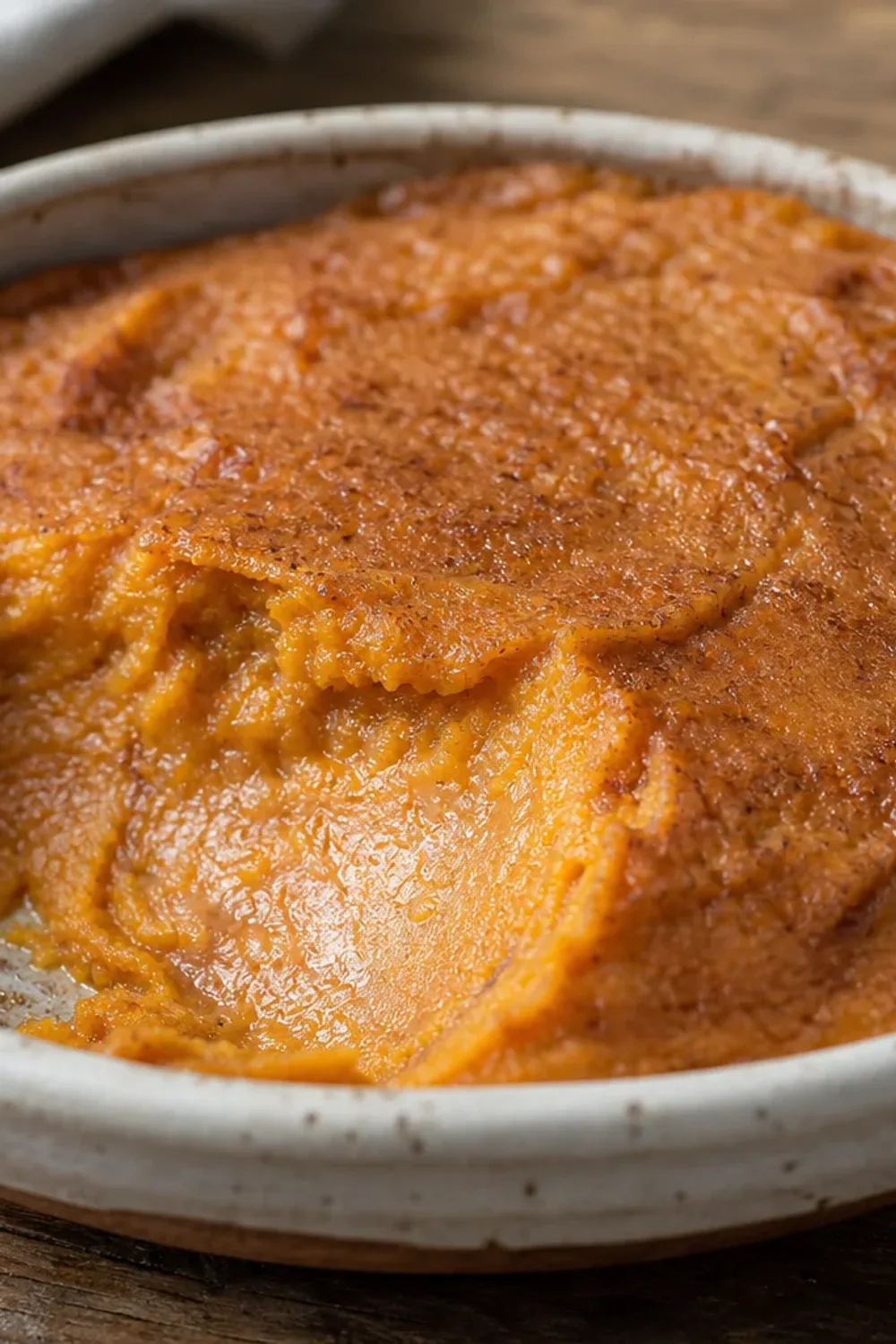 Creamy sweet potato pudding with golden top, garnished with coconut.