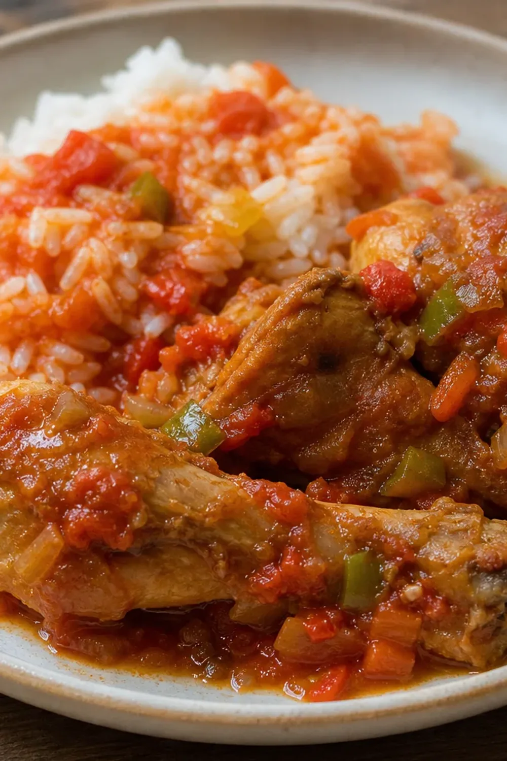 Tender chicken pieces in a rich tomato sauce served over fluffy white rice.