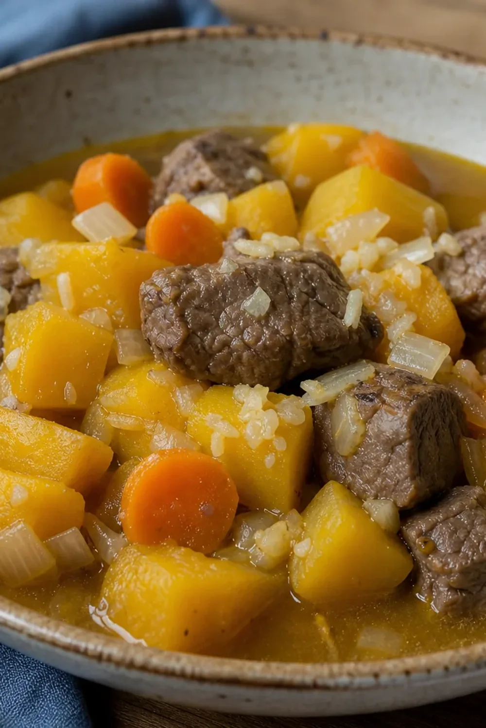 A bowl of Haitian Soup Joumou filled with beef, squash, and colorful vegetables, garnished with fresh herbs.
