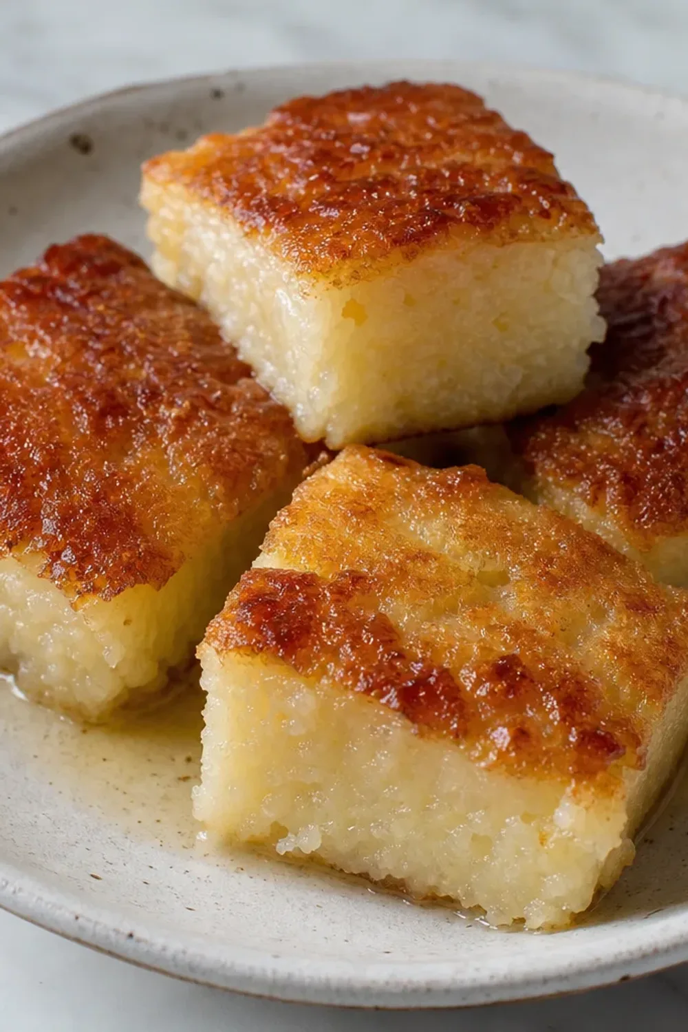 Plated Hawaiian butter mochi with a glossy top and chewy texture, garnished with shredded coconut.