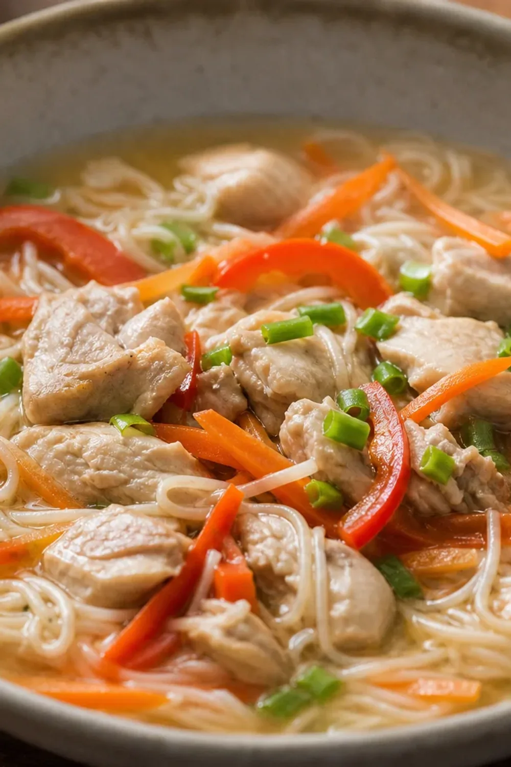 A bowl of Hawaiian Chicken Long Rice with tender chicken, vibrant vegetables, and clear noodles, garnished with green onions.