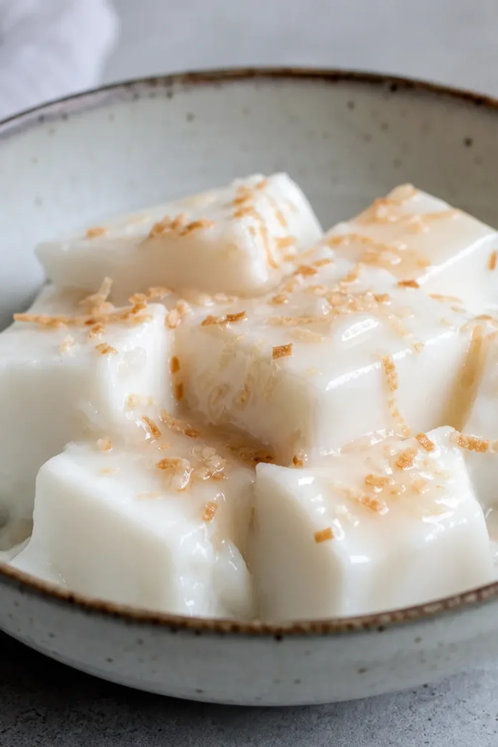 Creamy coconut pudding squares topped with shredded coconut and served in a dish.