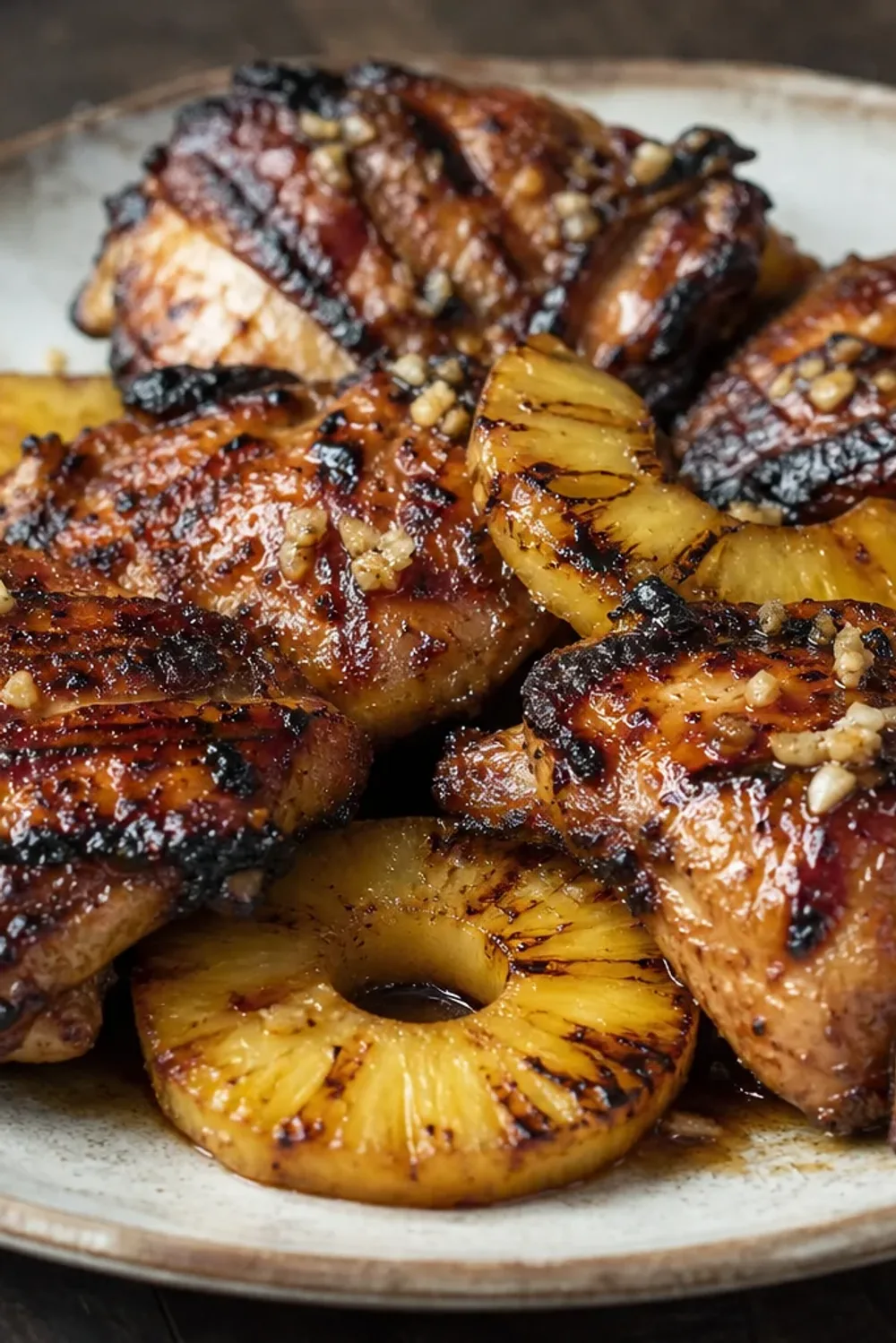 Grilled Huli Huli chicken served with pineapple slices and vibrant green herbs