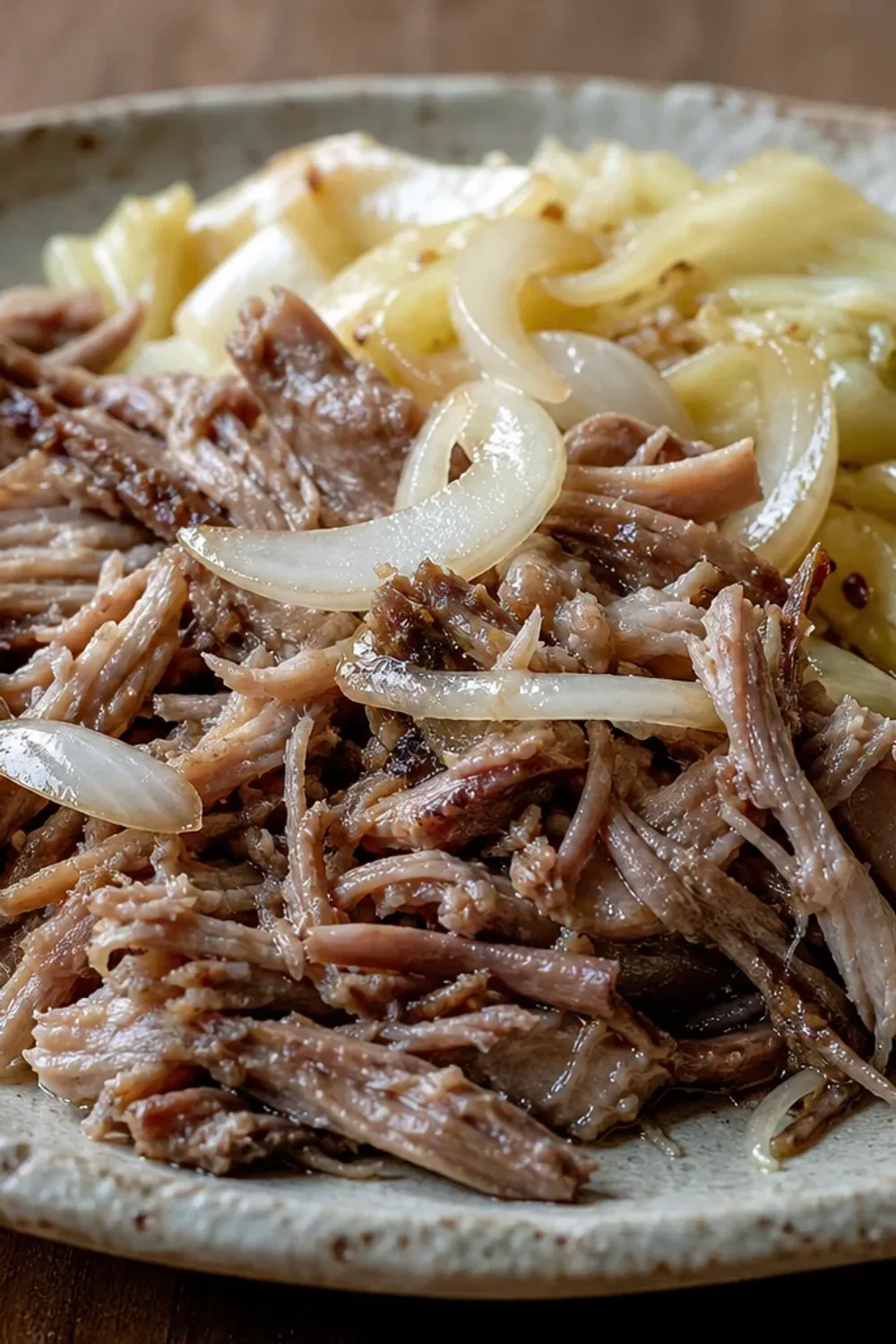 Plated Hawaiian Kalua pork with tender cabbage, garnished with green onions.
