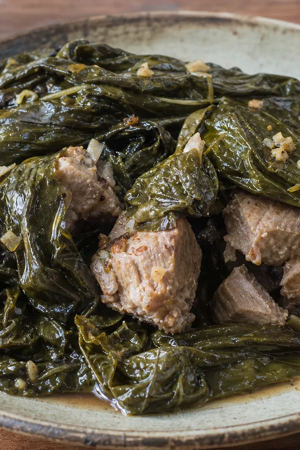 Steamed Lau Lau with moist pork, vibrant green taro leaves, and a hint of Hawaiian herbs.