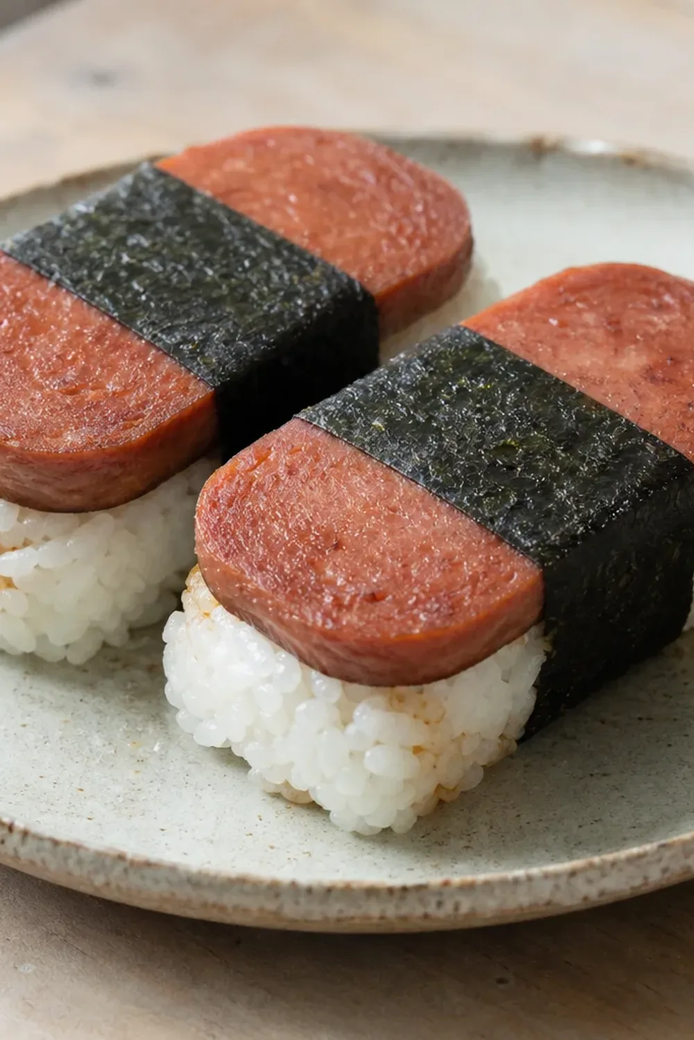 Plated Hawaiian Spam Musubi with rice, spam, and nori, showcasing layers and textures.