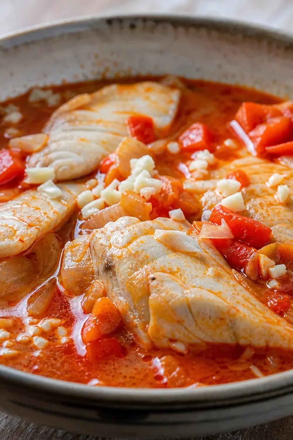 A bowl of Hungarian Halászlé soup with vibrant red broth, fresh fish pieces, and garnished with herbs.