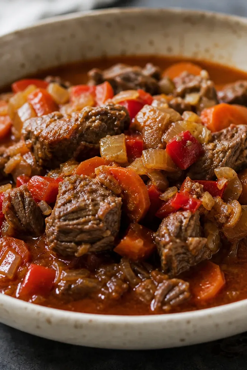 Plated Hungarian goulash featuring tender beef chunks, vibrant paprika sauce, and fresh herbs garnishing the dish.