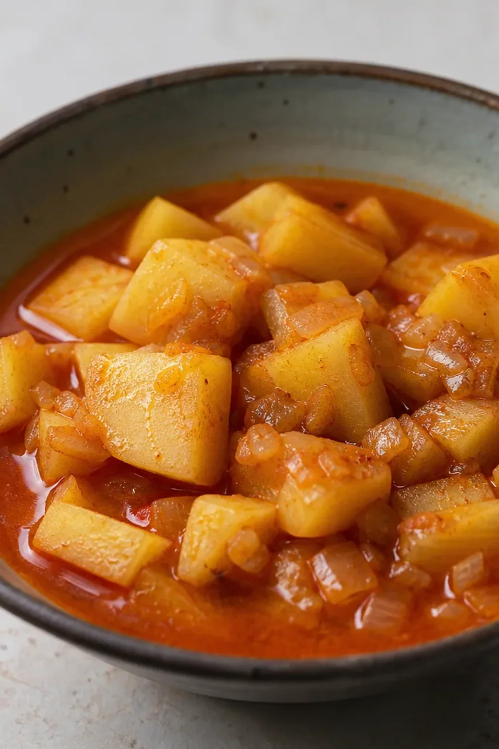 A bowl of Hungarian Potato Paprikash with tender potatoes, vibrant paprika sauce, and a sprinkle of fresh parsley.