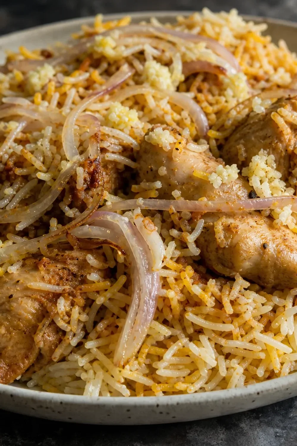 A vibrant plate of Hyderabadi chicken biryani with saffron rice, garnished with fried onions and fresh herbs.