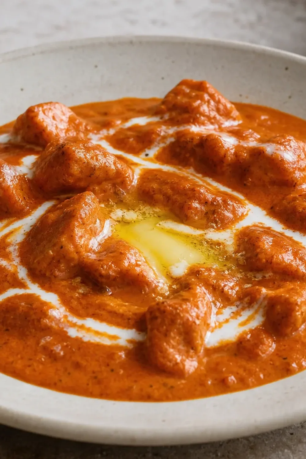 Plate of Indian Butter Chicken garnished with cilantro, served with naan and rice, showcasing rich creamy sauce and tender chicken pieces.