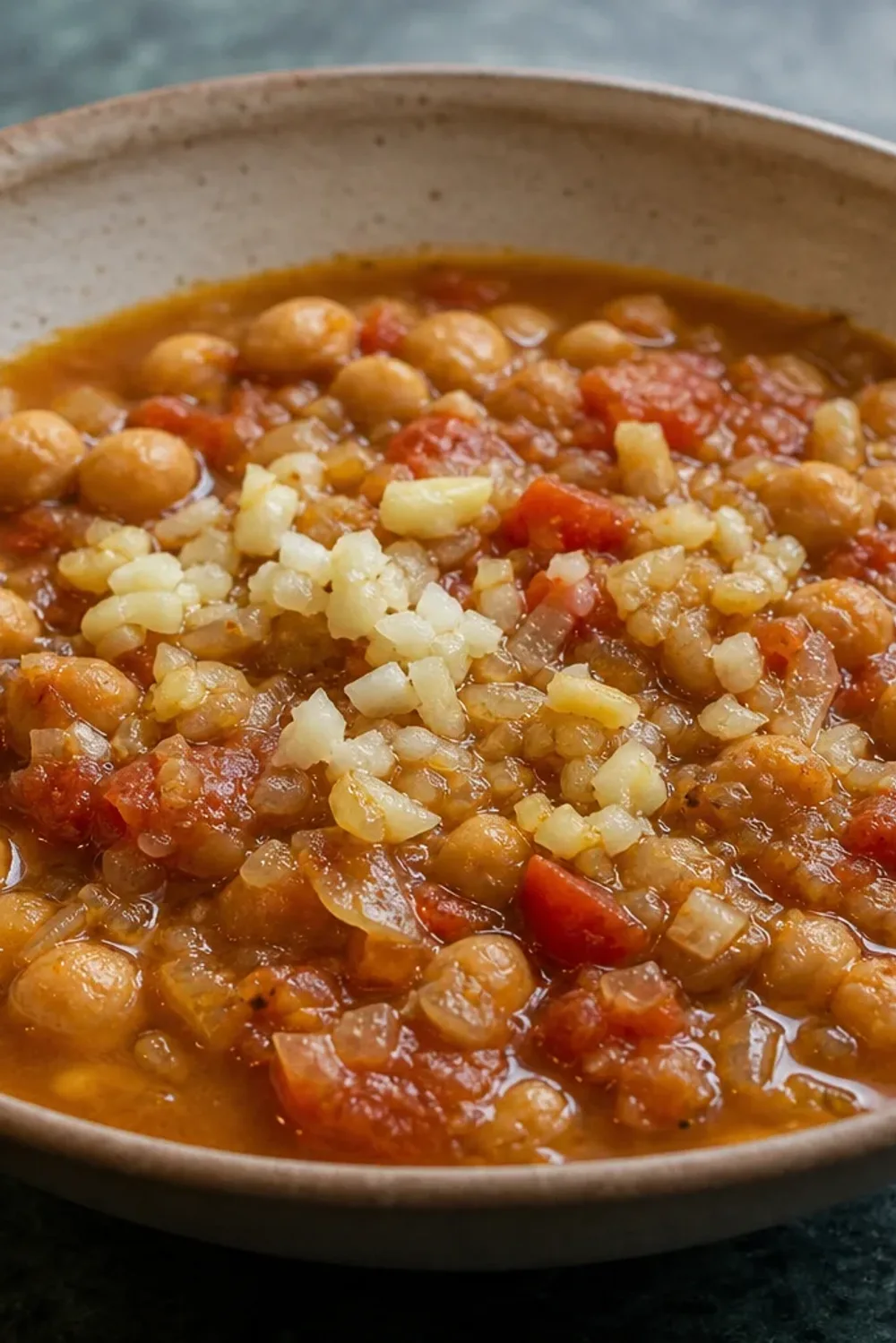 A vibrant bowl of chana masala garnished with cilantro, showcasing chickpeas and tomatoes in a rich, spicy sauce.