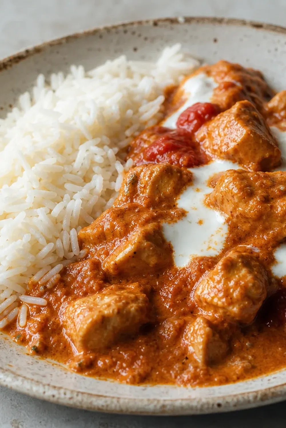 Creamy chicken tikka masala with basmati rice, garnished with cilantro and spices