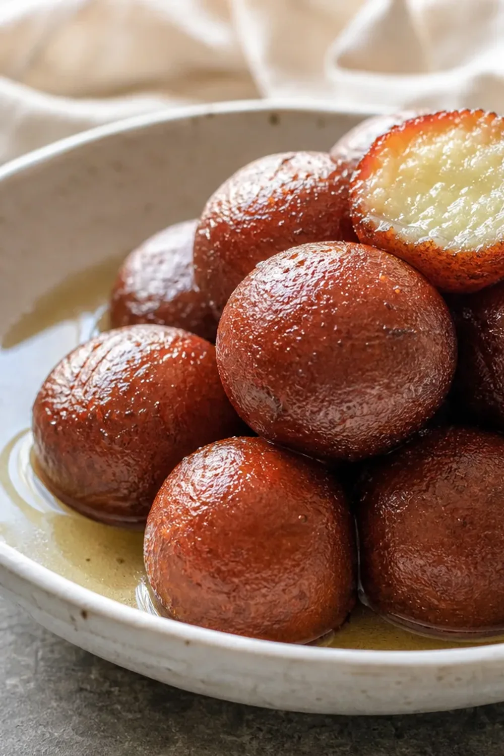 Soft, round gulab jamun soaked in golden syrup, garnished with pistachios and rose petals.