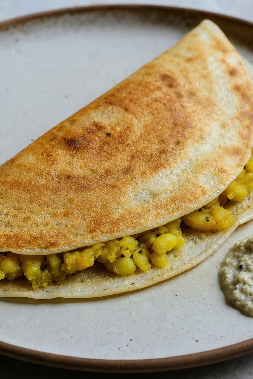 Crispy masala dosa filled with spiced potato, served with coconut chutney and garnished with coriander.