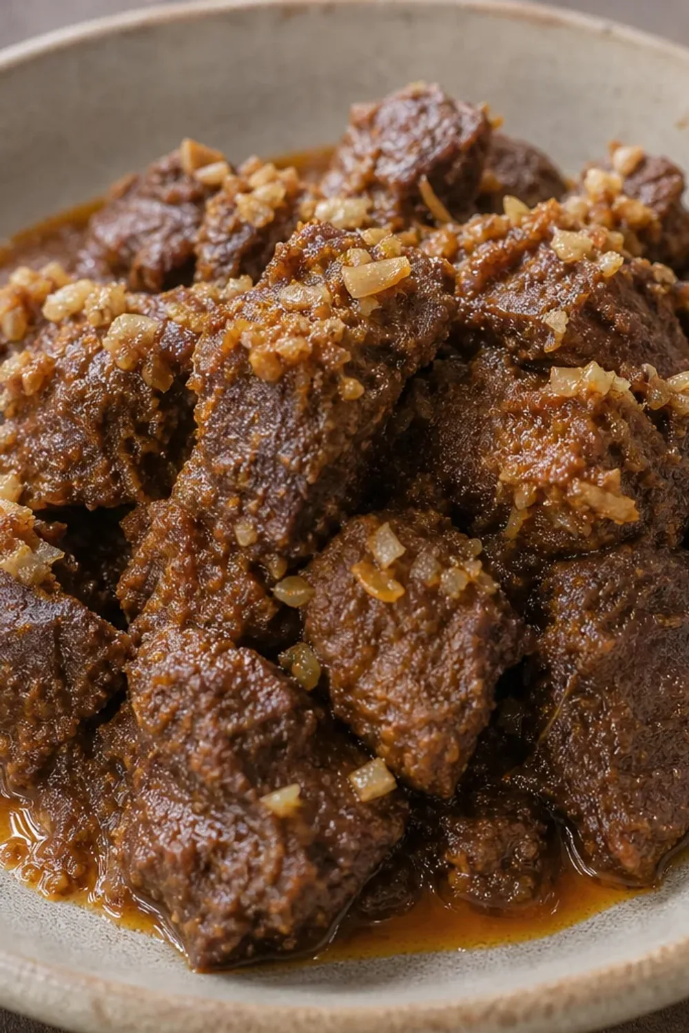 Tender beef rendang in rich coconut sauce garnished with herbs, served on a plate.
