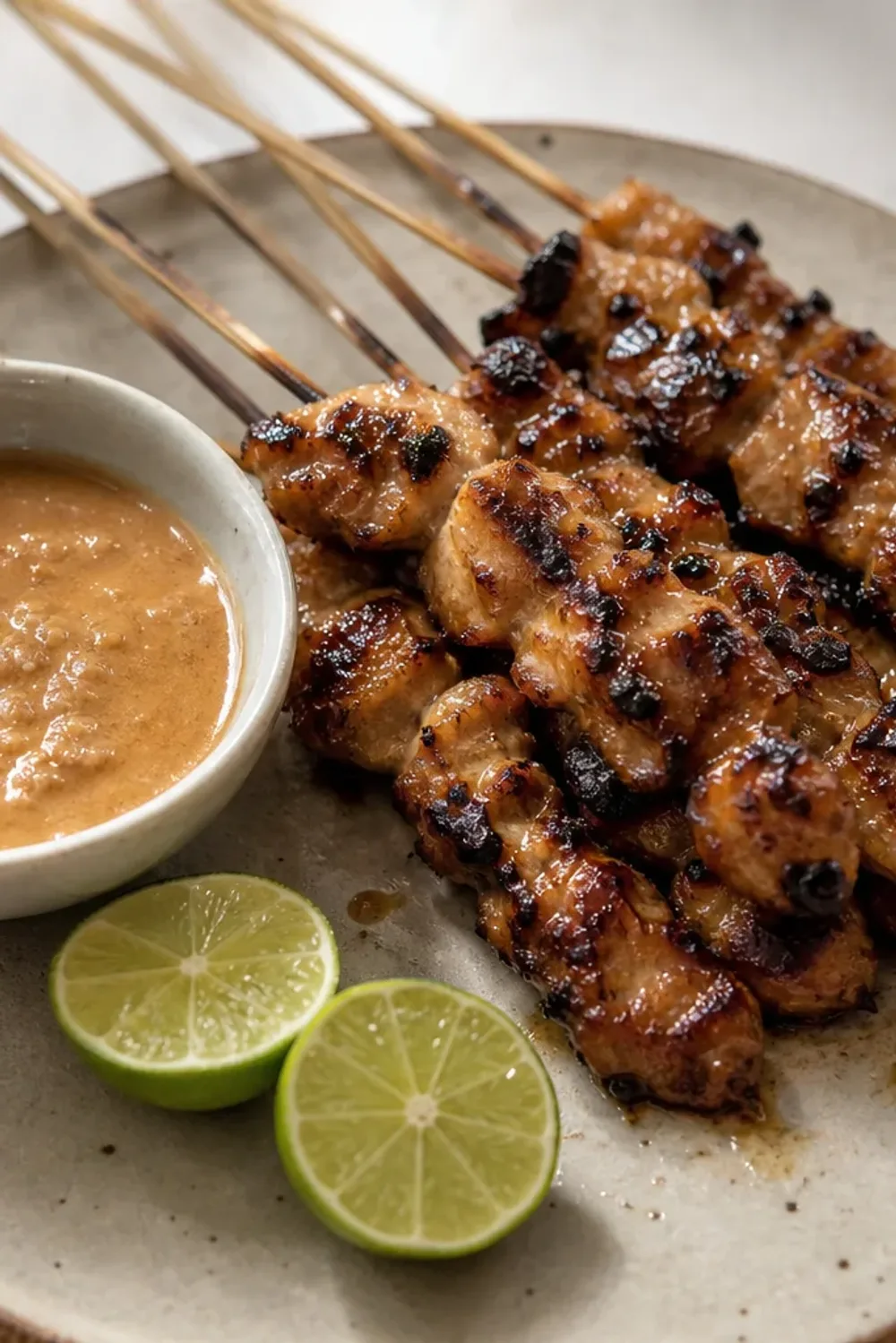 Grilled chicken satay skewers with a creamy peanut sauce, garnished with cucumber and herbs.