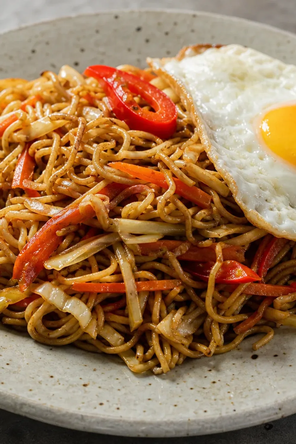 A vibrant plate of Indonesian Mie Goreng with colorful vegetables and a perfectly fried egg on top.
