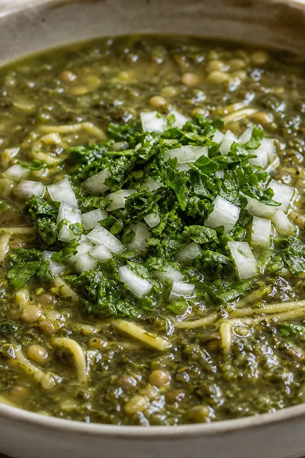 A bowl of Iranian Ash Reshteh with herbs, noodles, and a drizzle of yogurt, garnished with crispy onions.