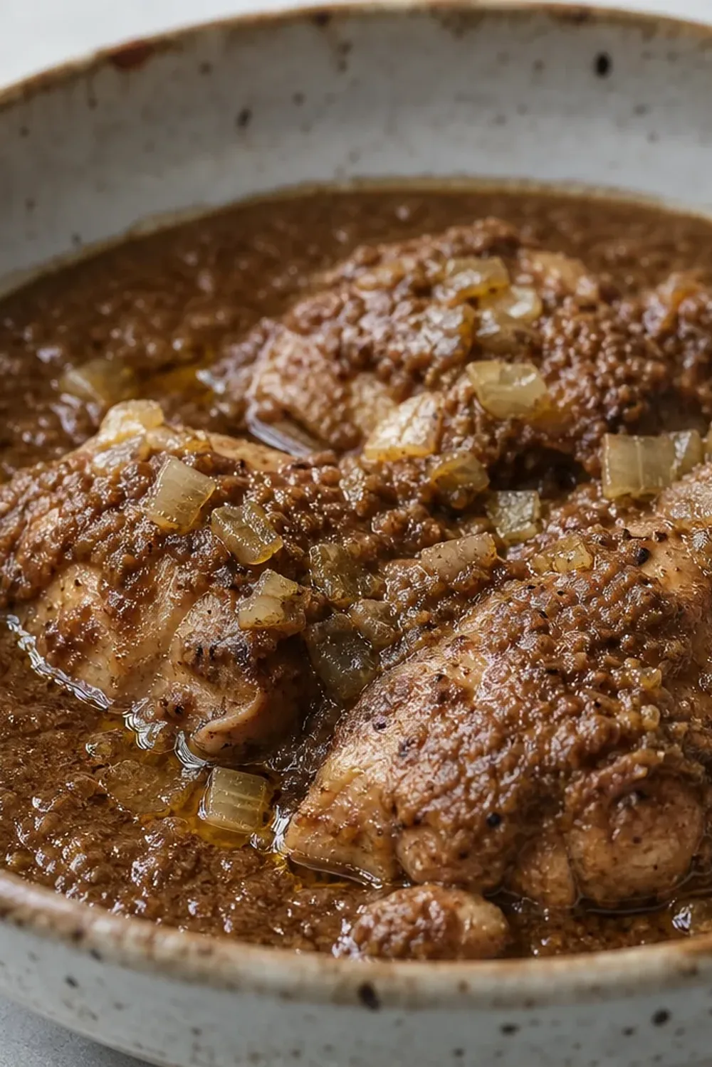 A rich, dark stew of chicken and walnuts garnished with pomegranate seeds, served in a bowl.