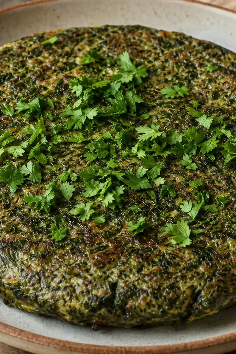 Plated Iranian Kuku Sabzi showing vibrant green herbs, golden edges, and a fluffy texture.