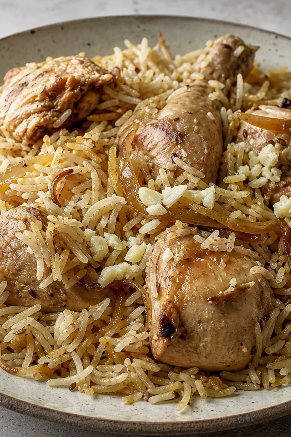 A vibrant plate of Iraqi biryani featuring tender chicken, colorful spices, and fluffy rice garnished with herbs.