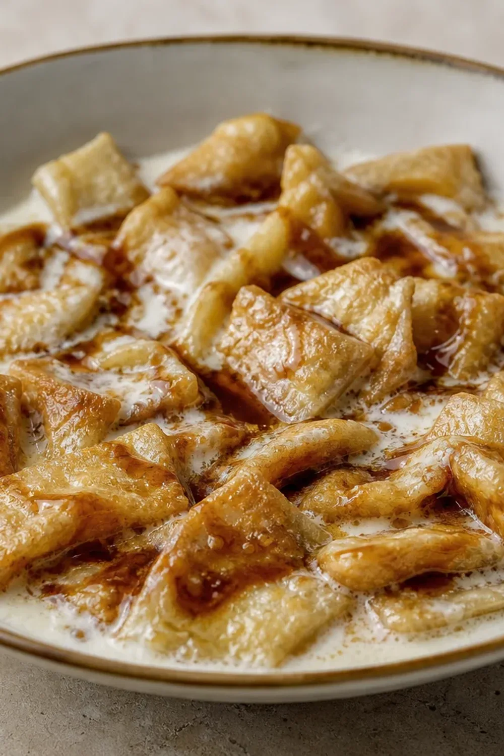 Layers of golden pastry with creamy filling and drizzled date syrup, garnished with nuts.
