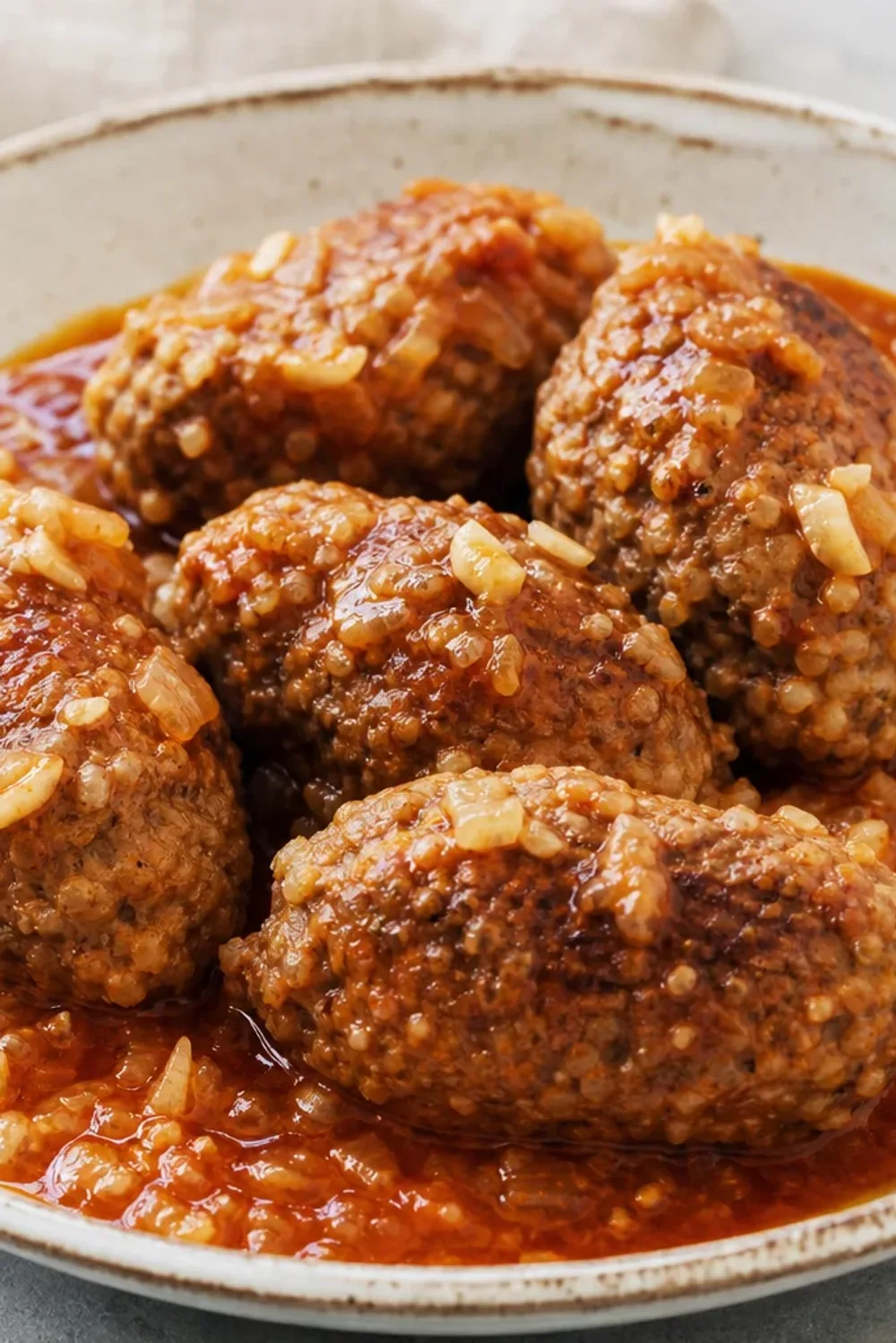 Plated Iraqi Kubba with beef and bulgur, garnished with herbs and tomatoes, showcasing a rich sauce and textures.