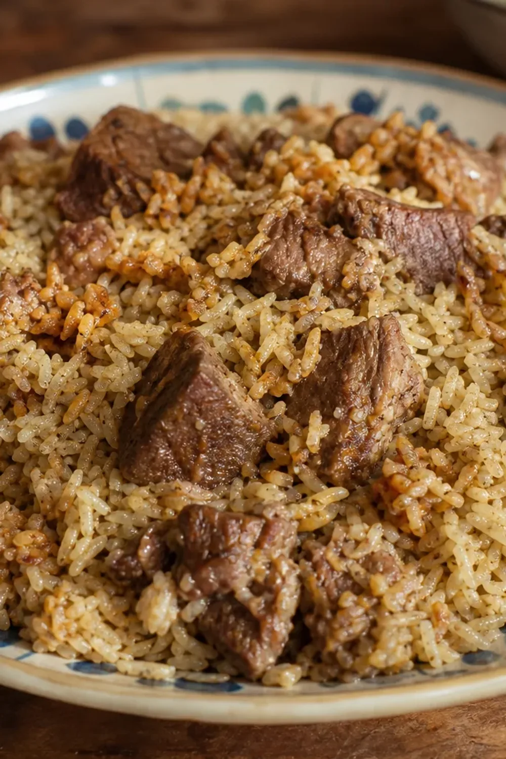 Plated Iraqi Quzi featuring tender lamb, fragrant rice, and colorful nuts and raisins garnished attractively.