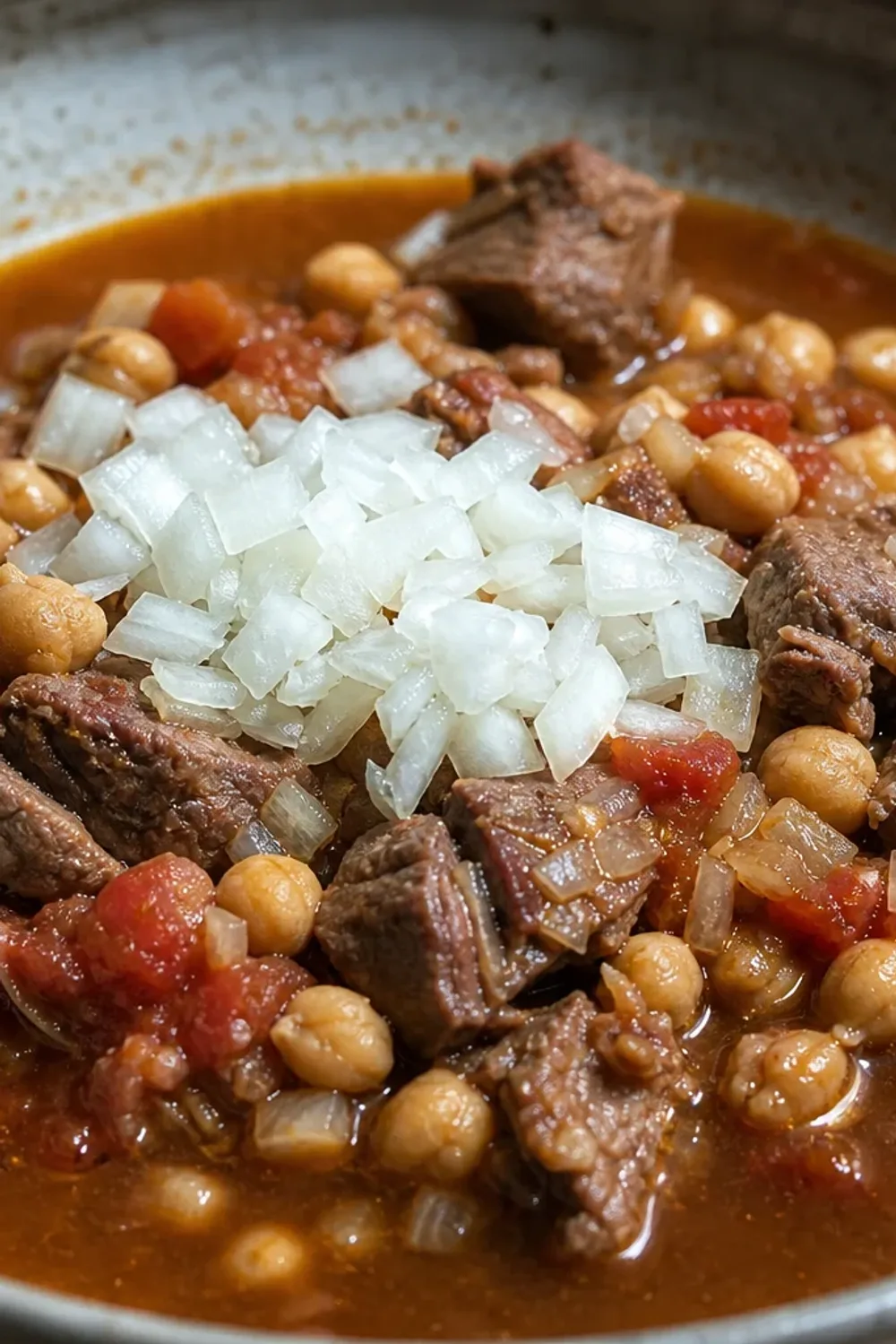 A hearty bowl of Iraqi Tashreeb with tender lamb, chickpeas, and bread soaked in broth, garnished with herbs.