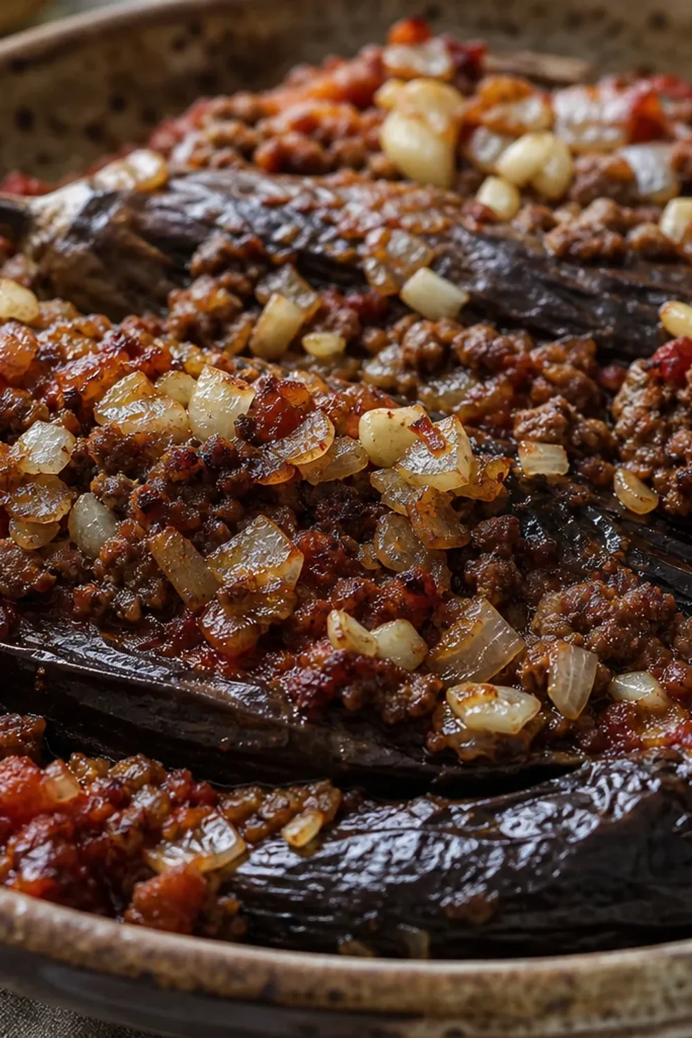 Layered eggplant and meat casserole with rich tomato sauce and spices.