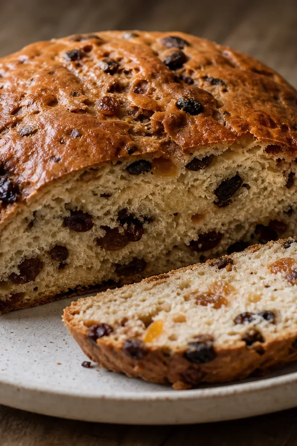 Sliced Irish Barmbrack showing a moist texture with visible dried fruits and a rustic presentation.