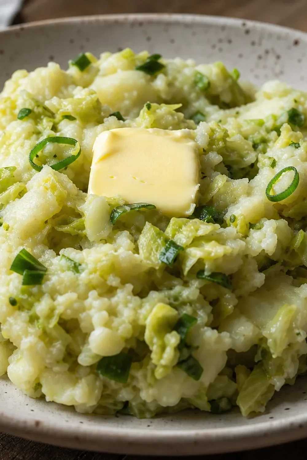 Creamy mashed potatoes mixed with sautéed cabbage and green onions, served in a bowl.