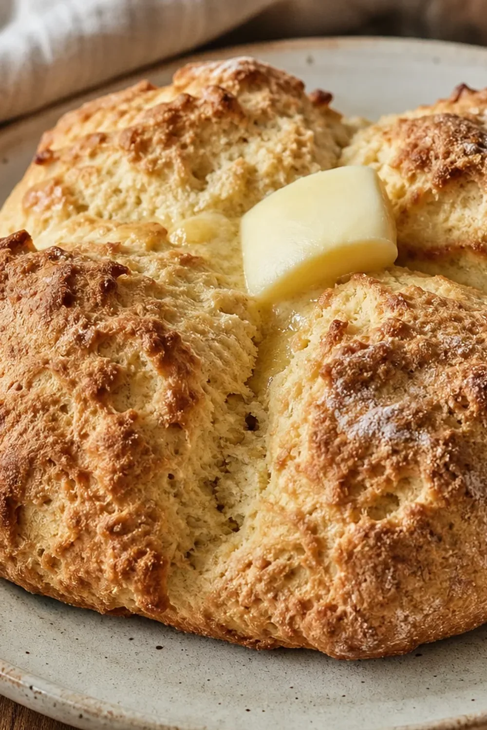 Golden brown Irish soda bread with a rustic crust, sliced to show texture.