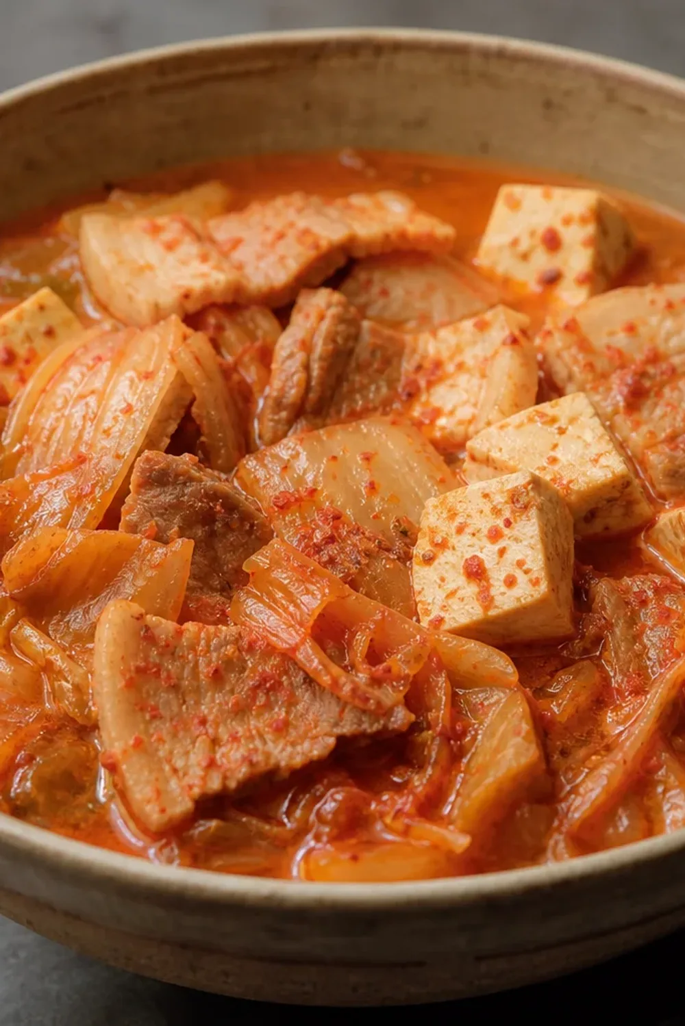 A steaming bowl of kimchi stew with tofu, garnished with green onions and chili, showcasing vibrant colors.