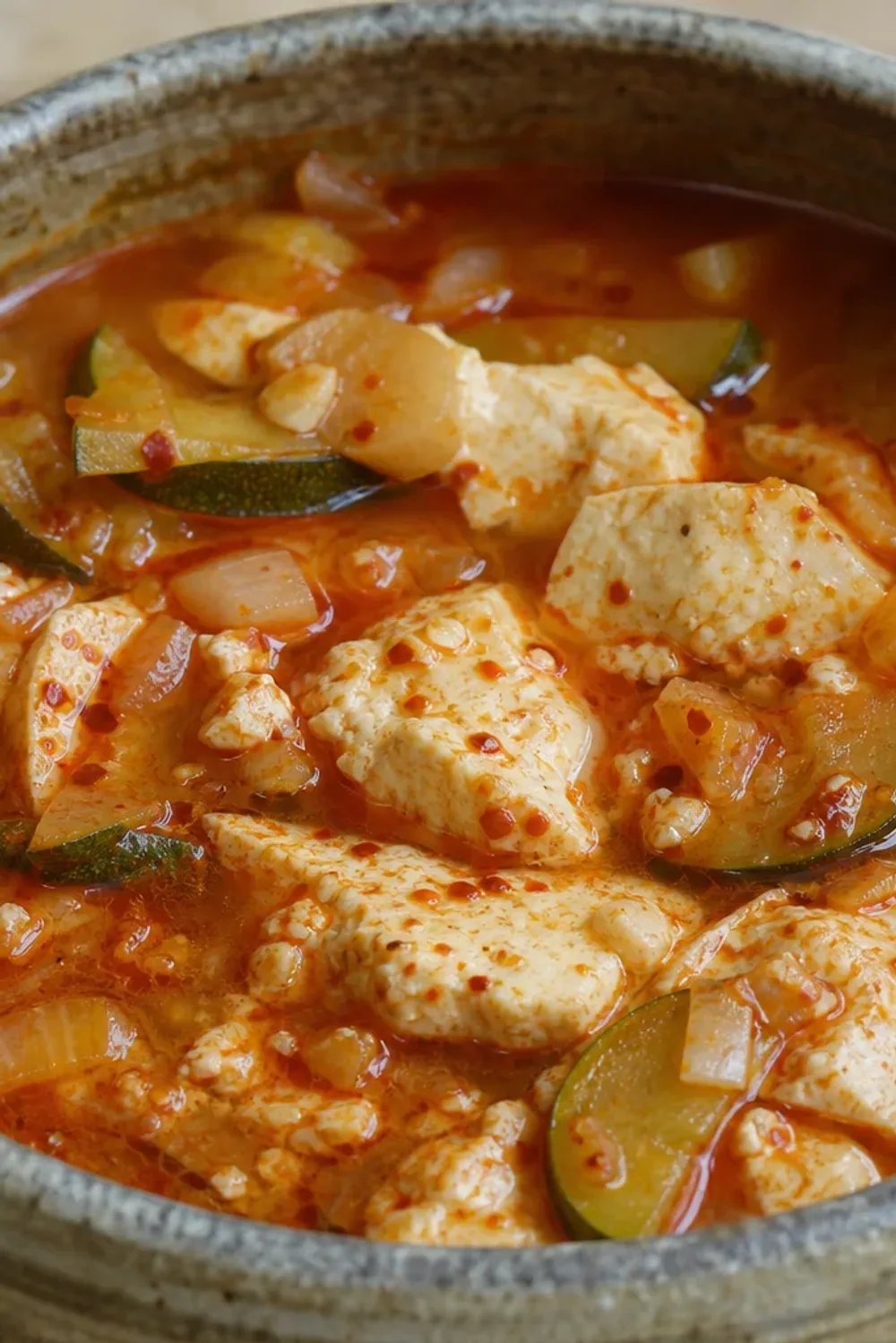 A bowl of Korean Sundubu Jjigae with soft tofu, vegetables, and a spicy broth, garnished with green onions.