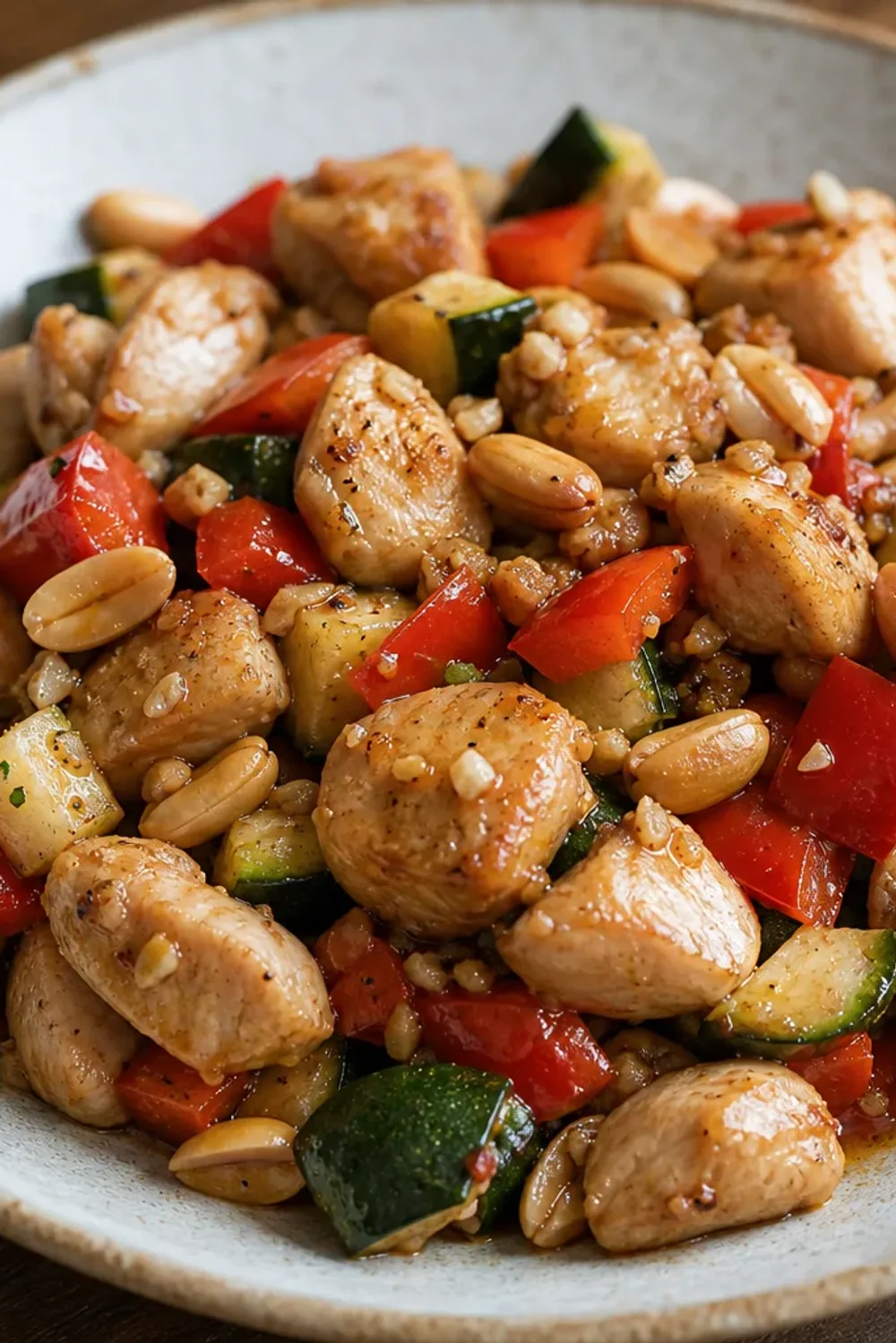 Colorful Kung Pao Chicken with peanuts, diced bell peppers, and scallions served in a bowl.