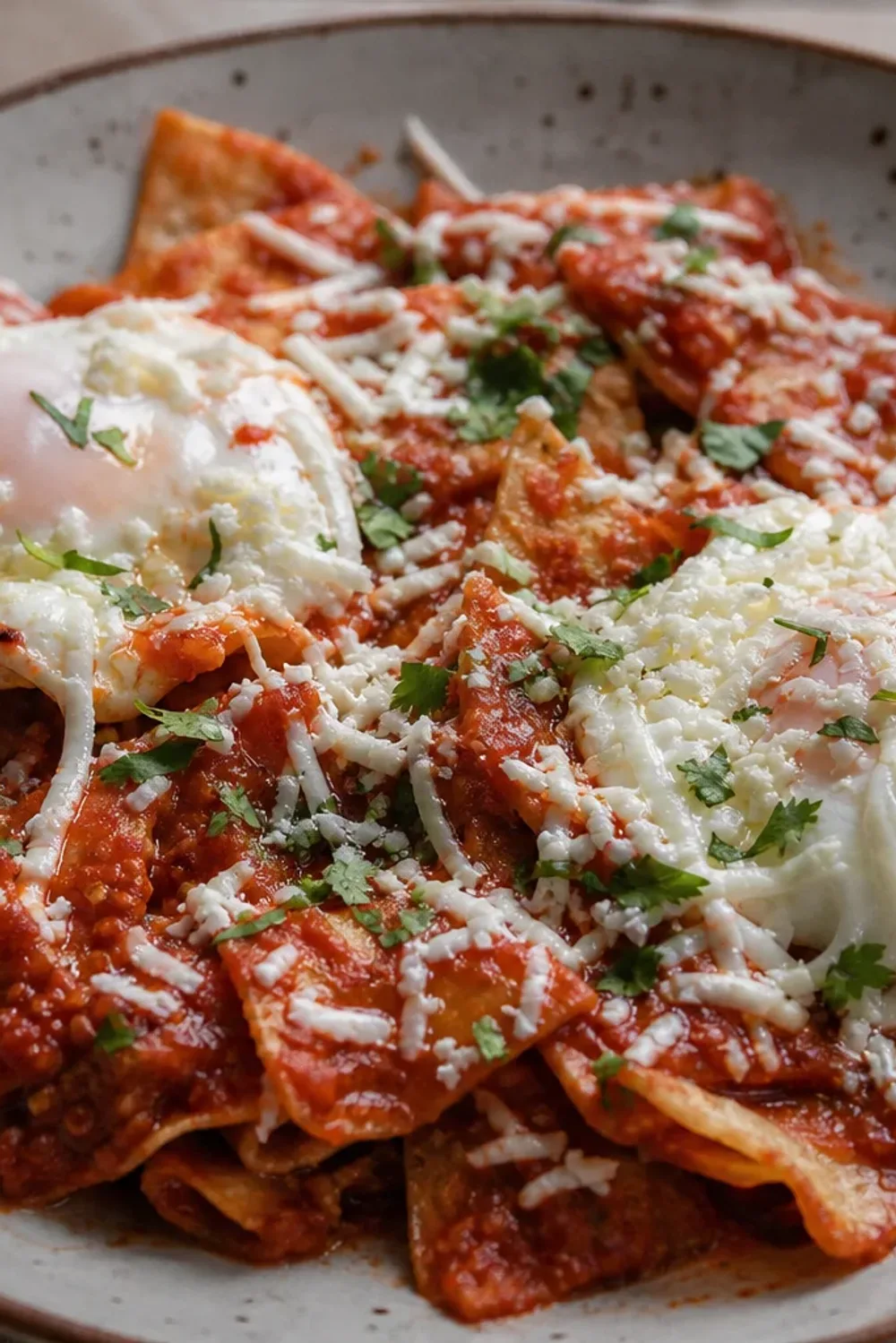 Plated chilaquiles with red sauce, topped with fried eggs and crema, garnished with cilantro.
