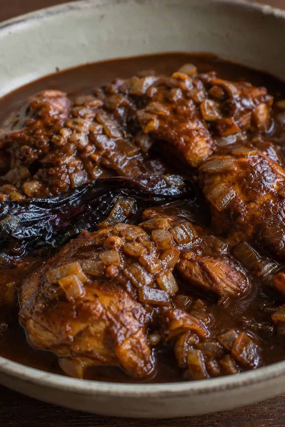 Tender chicken coated in dark, rich mole sauce with chocolate and chilies, garnished with sesame seeds.