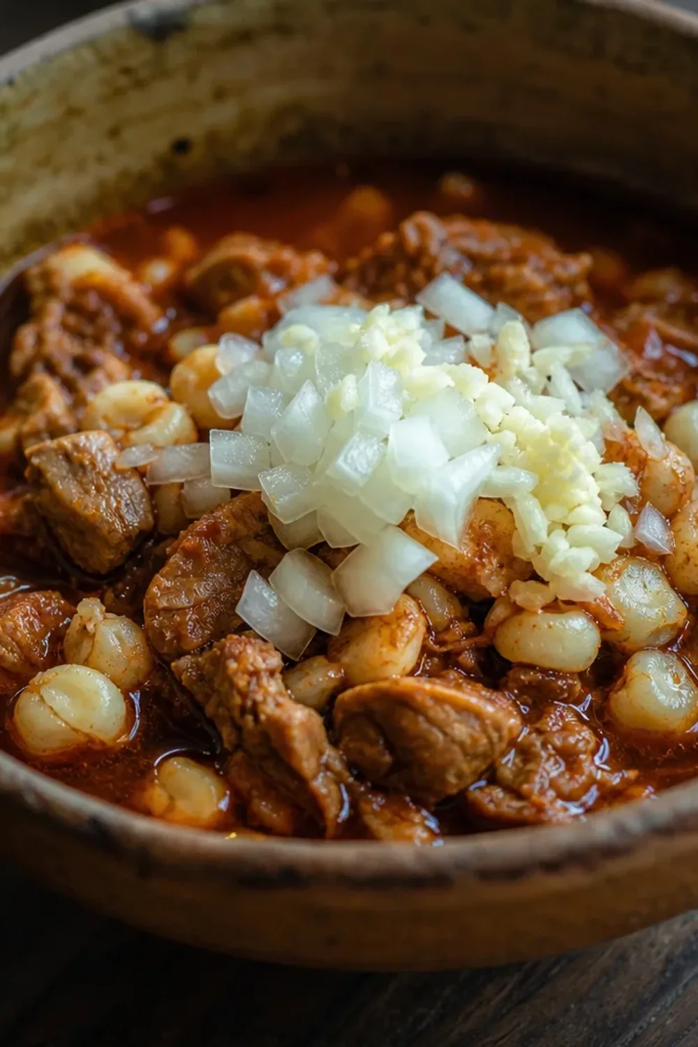 A hearty bowl of pozole rojo garnished with lettuce, radishes, and lime, showcasing tender pork and hominy.