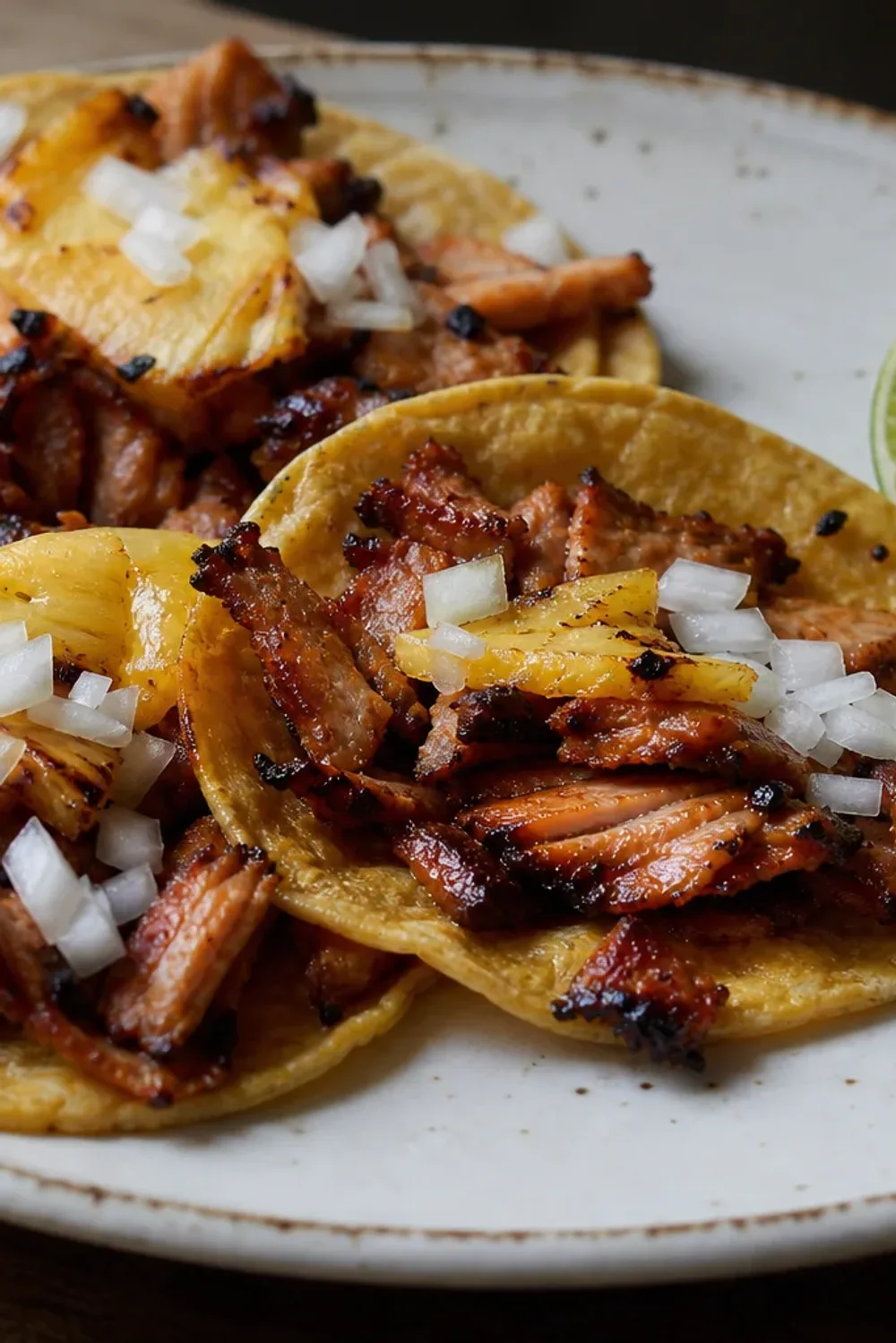 Tacos al Pastor with juicy pork, fresh pineapple, and diced onions served on corn tortillas.