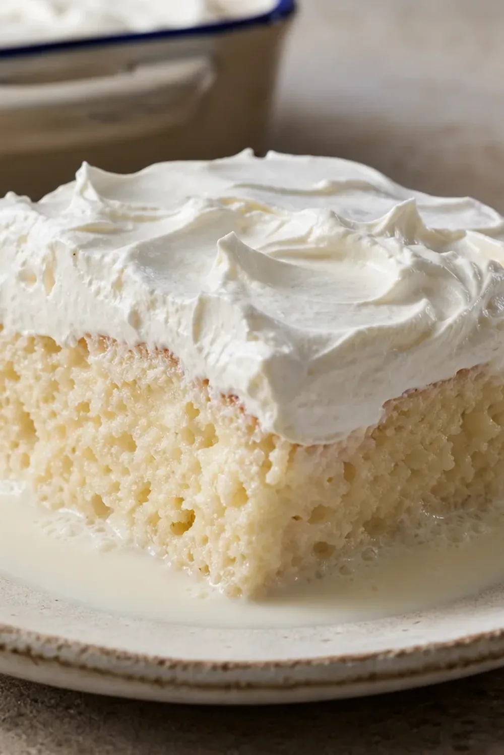 A slice of tres leches cake with whipped cream, showcasing a moist texture and milk drizzle.