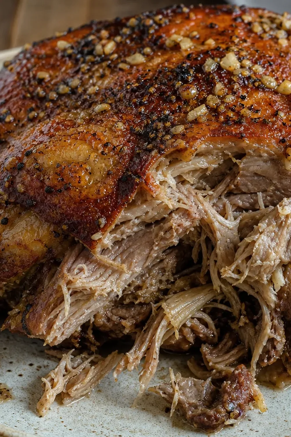 Tender roasted pork shoulder with crispy skin, garlic seasoning, and herbs on a serving platter.