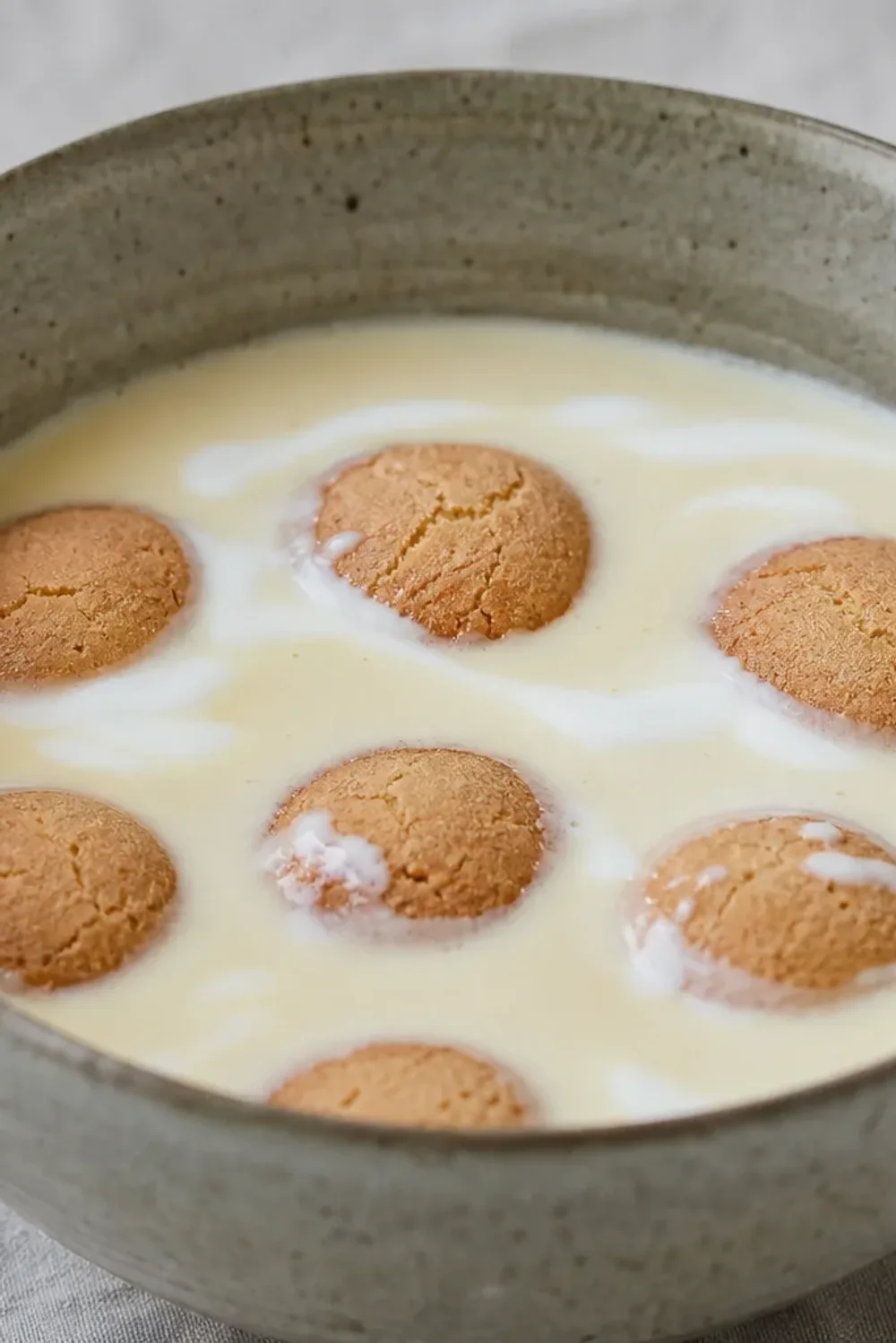 Chilled Danish koldskål served in a bowl with kammerjunker biscuits on top, garnished with fruit.
