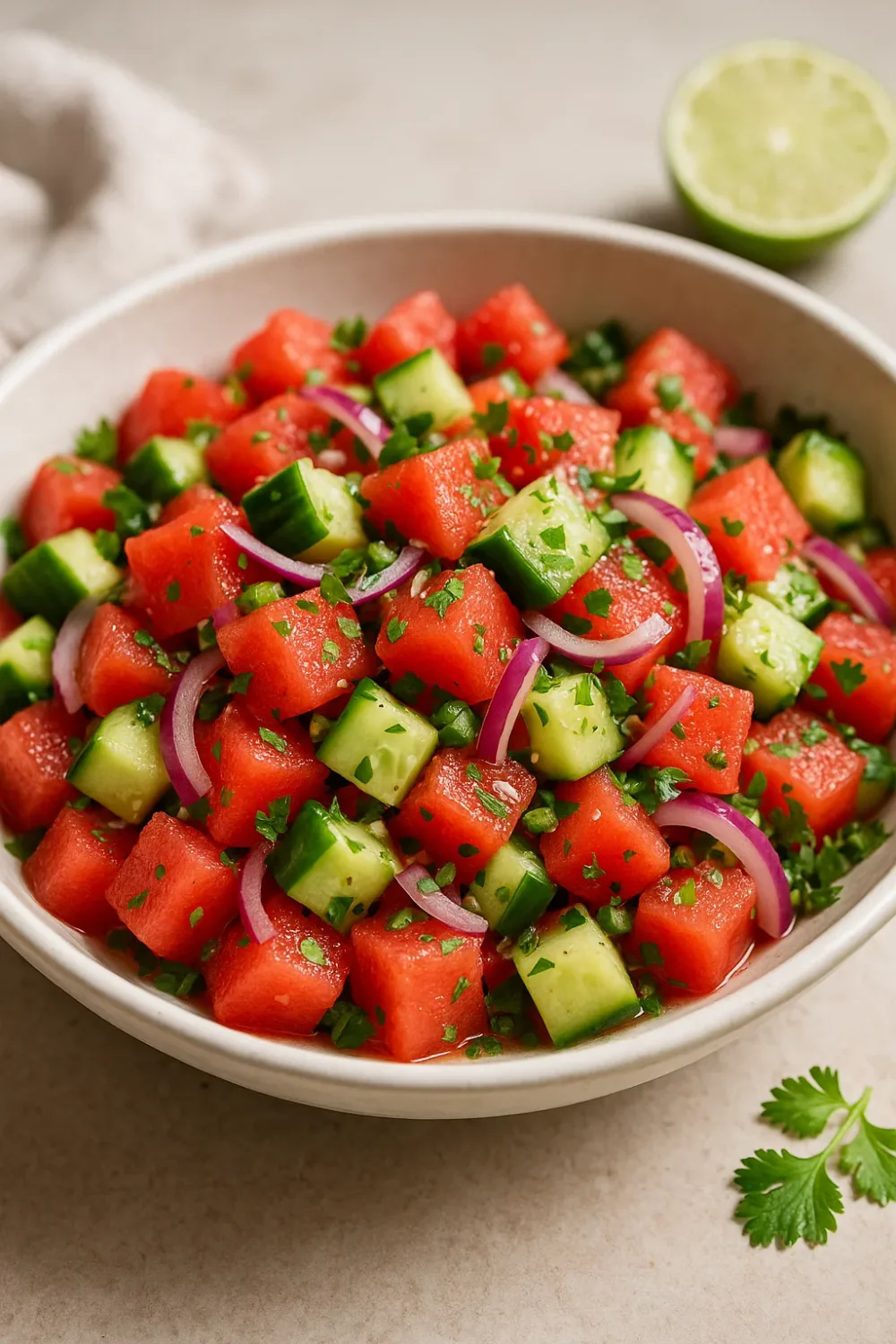 Refreshing Spicy Watermelon Cucumber Salad with Lime — dessert recipe, beautifully plated and ready to serve